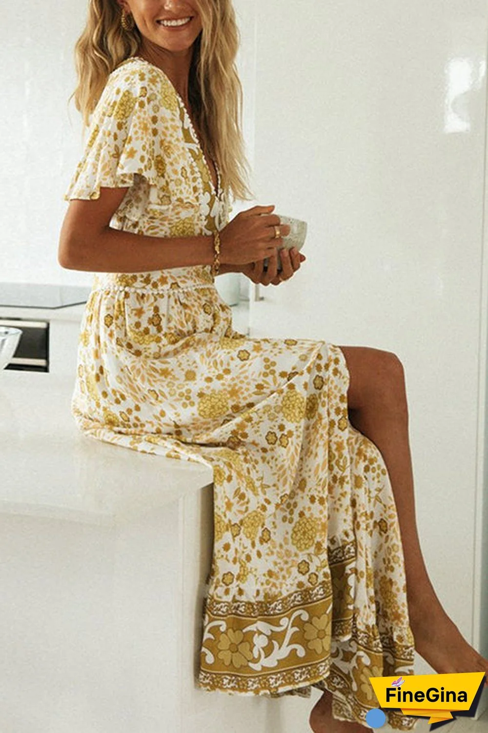 Floral V Neck Maxi Dress