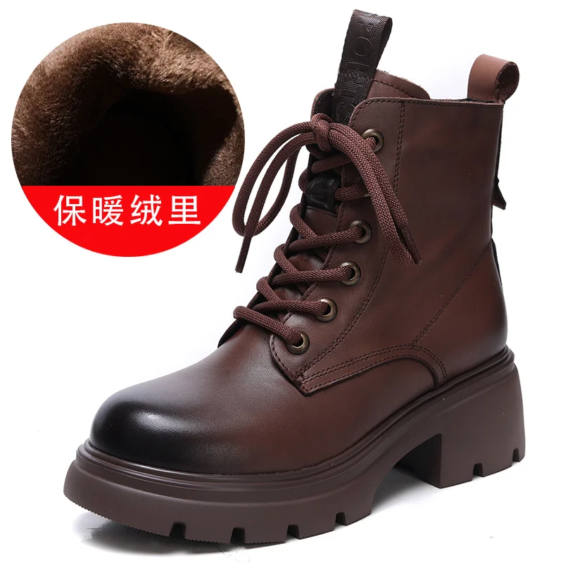 Yyvonne Layer Of Cowhide Martin Boots Women 2025 Autumn And Winter New Thick-Bottomed Fashion Light, Anti-Slip Coarse And Leather Short Boots