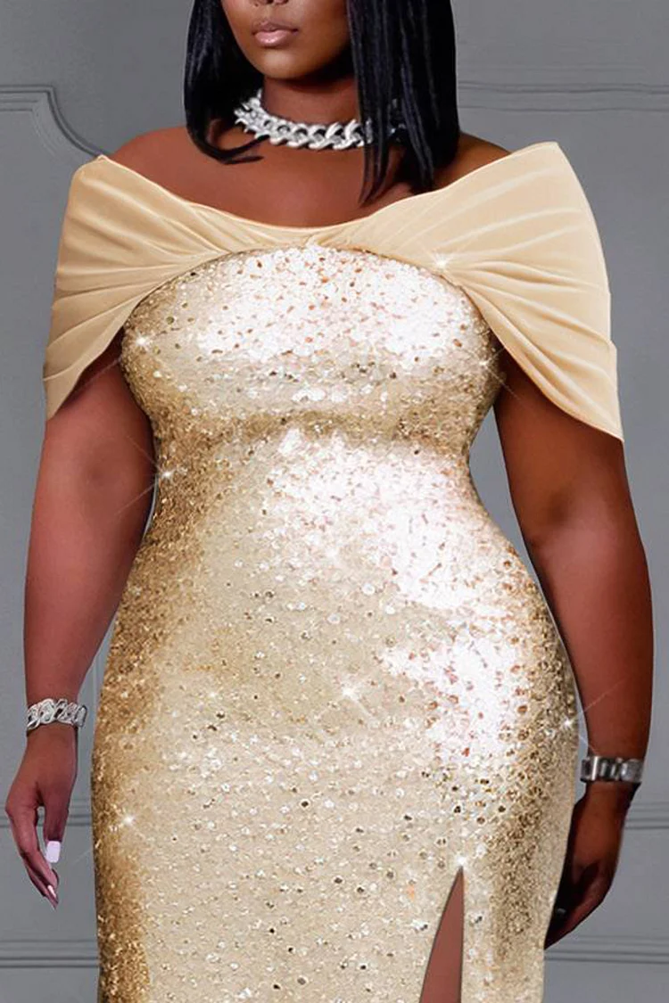 Xpluswear Design Plus Size Prom Tulle Gold Off The Shoulder Split Elegant Contrast Sequin Maxi Dresses [Pre-Order]