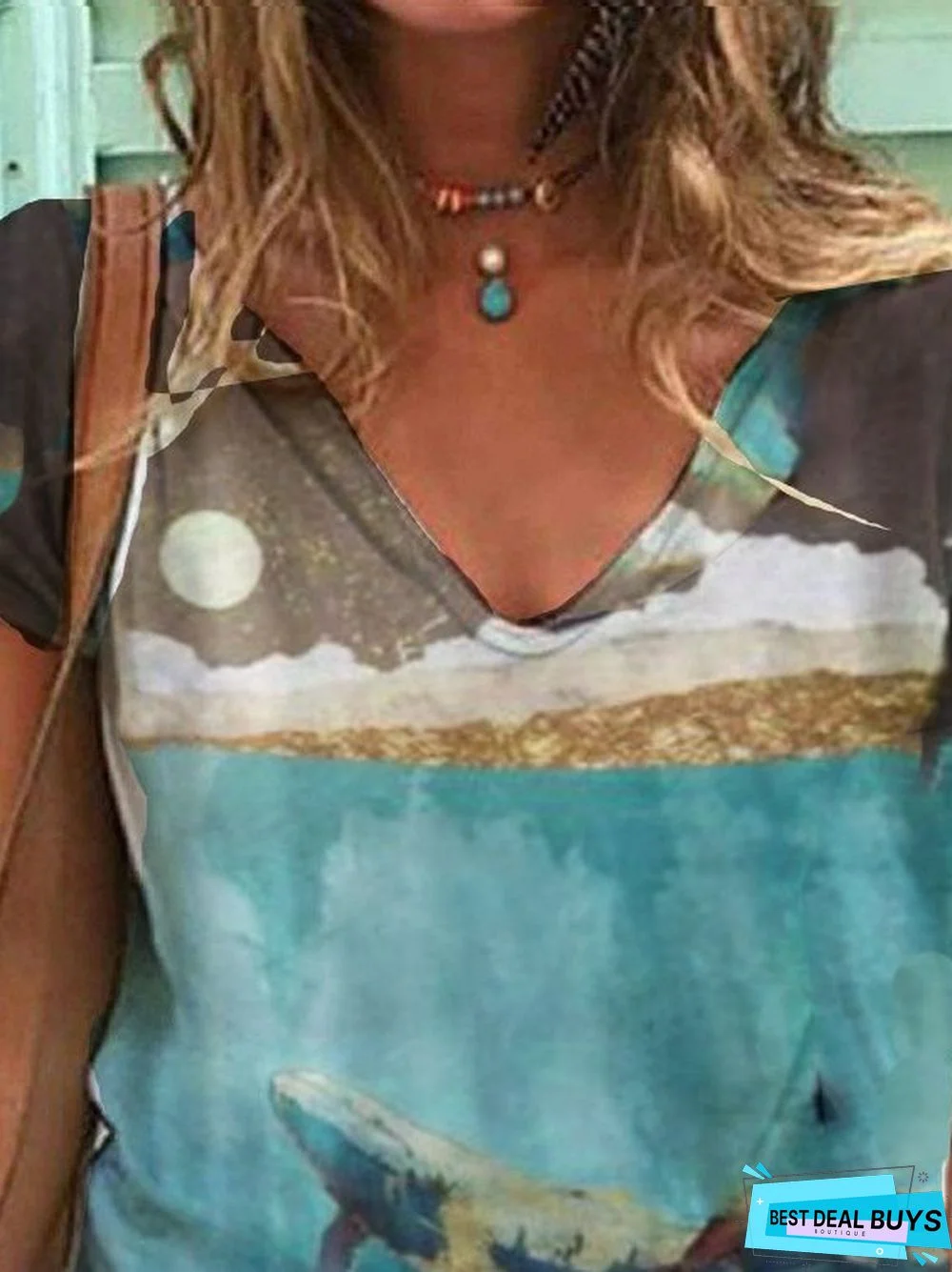 Ocean Whale  V Neck Ombre/tie-Dye Short Sleeve T-shirt