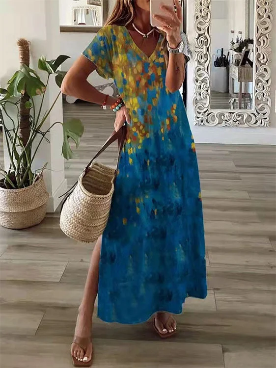Gradient Color V Neck Short Sleeve Women's Casual Dress