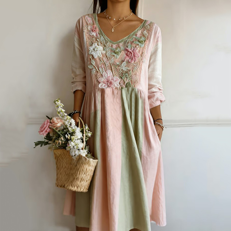 Women's Japanese Floral Art Linen-blend V Neck Maxi Dress elevenforest