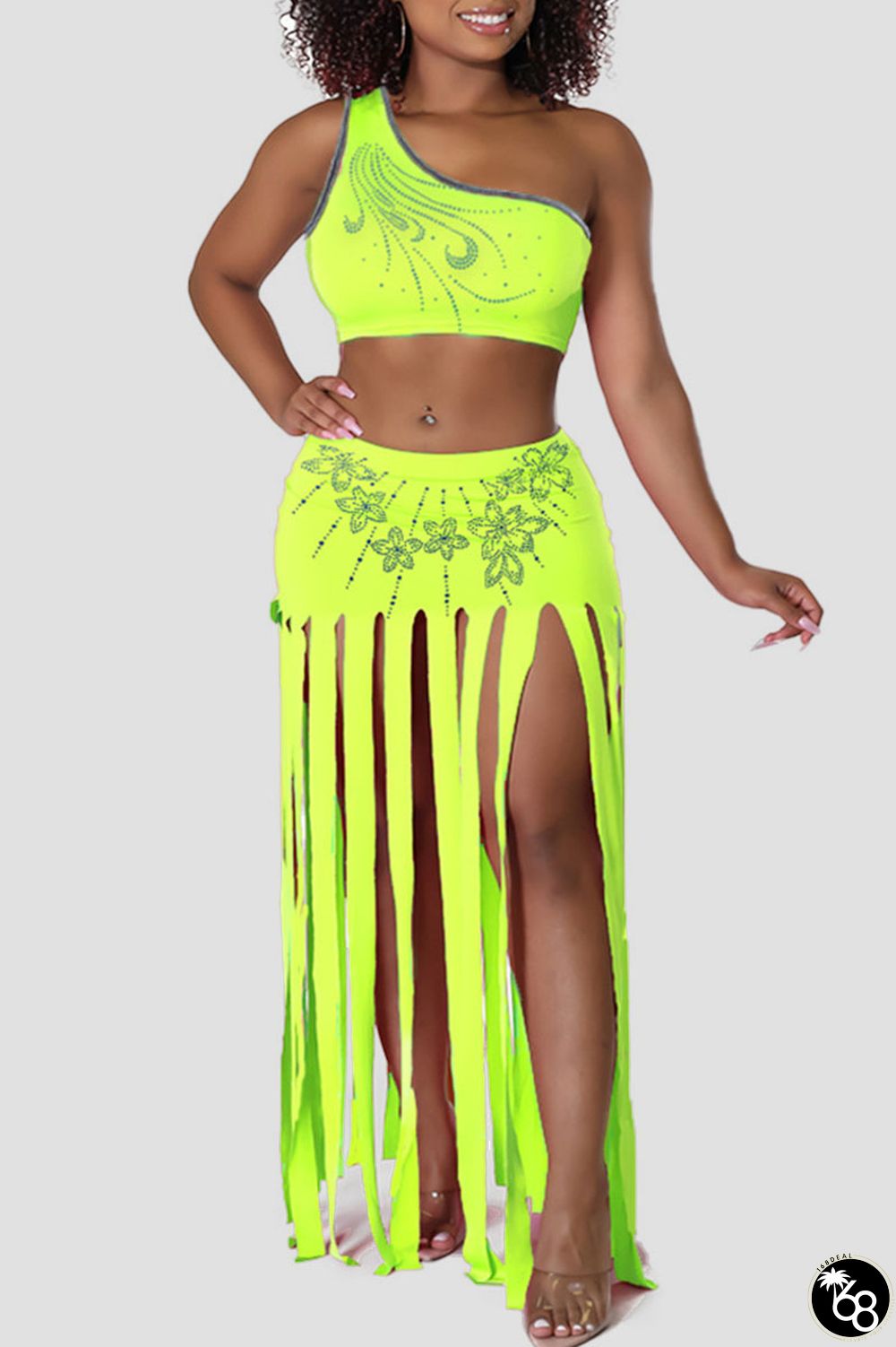 Fluorescent Green Sexy Solid Tassel Patchwork Hot Drill Oblique Collar Two Pieces | 168DEAL