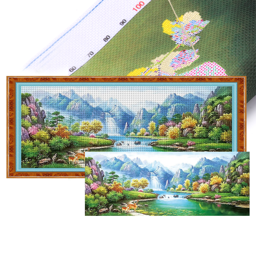 Green Mountain Green Water Mother Deer Full 11CT Pre-stamped Canvas(150*70cm) Silk Cross Stitch