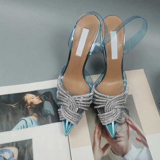 Rhinestones Pointed Toe Women Sandals New Female Transparent Thin High Party Shoes Ladies Sexy Pu Leather Shallow Footwear QueenFunky