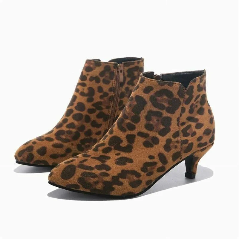 Women Suede Ankle Boot Mid Stiletto Heel Side Zip Pointed Toe Party Work Outdoor Shoe Fine Heel Leopard Print Fashion