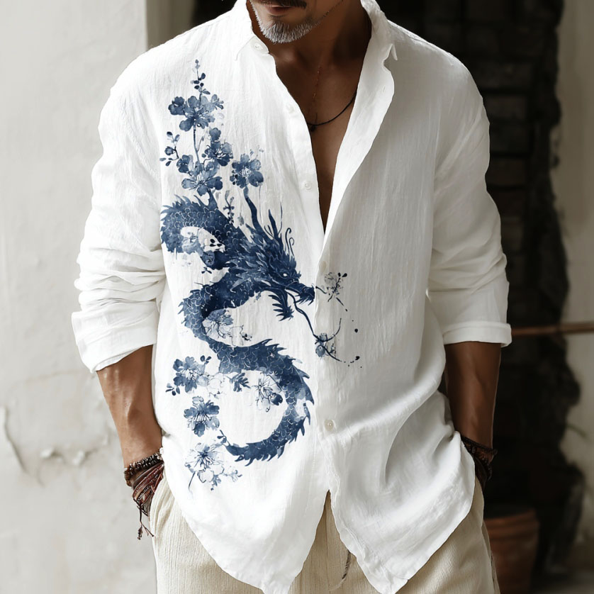 Comstylish Men's Retro Dragon And Floral Pattern Long-sleeved Shirt