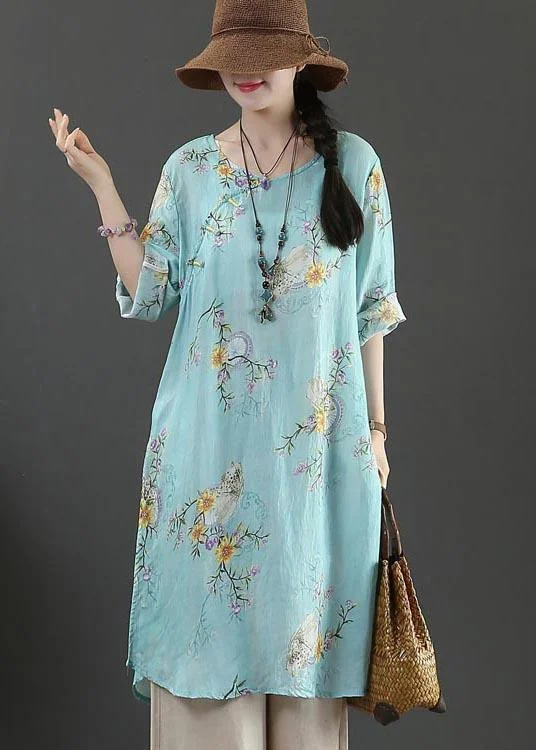 Boutique Blue Print Half Sleeve Long Linen Summer Tops