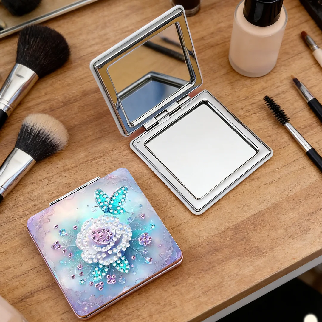 White Flower DIY Special Shaped Diamond Painting Compact Mirror Kits Diamond Art Painting Pocket Mirror for Beginners Adults Art Craft Woman Gifts