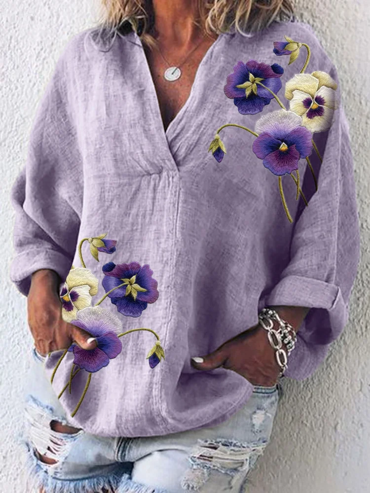 Classy Pansy Flowers Embroidered Linen Blend Tunic