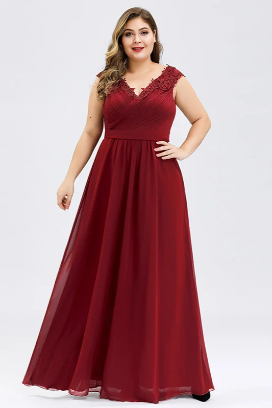 Elegant Chiffon Plus Size Prom Dress Sleeveless V-Neck Evening Gowns With Appliques - lulusllly