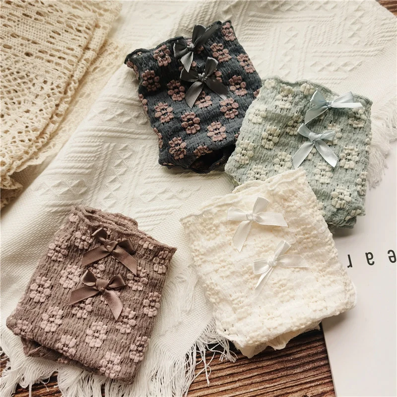 Billionm Flower Buds Literary Retro Cute Flowers Low-waist Bow-knot Women's Underwear Breathable Solid Color Fashion Students New