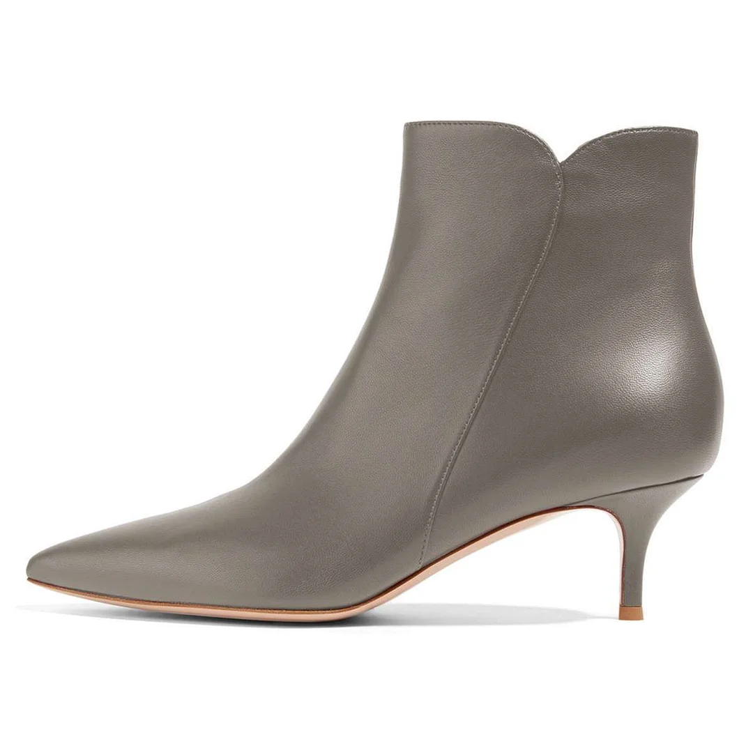 Vegan Leather Kitten Heel Side-Zip Closure Ankle Boots in Gray