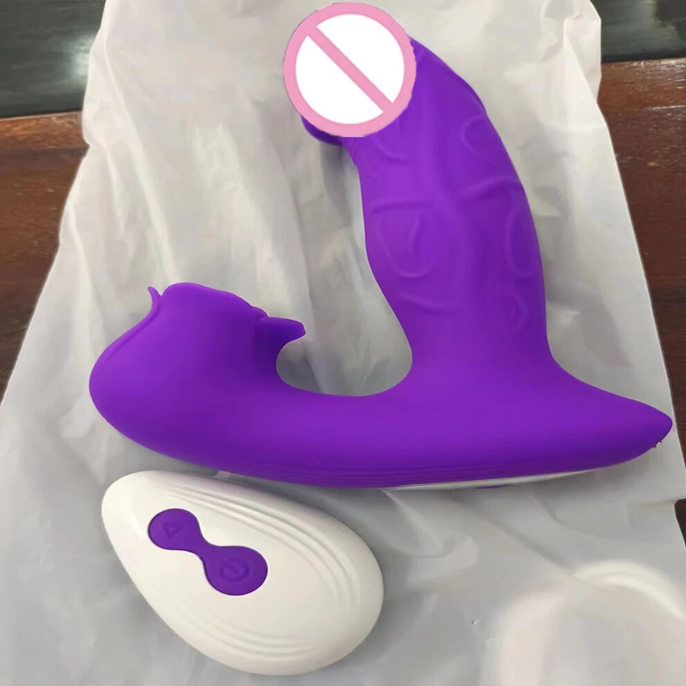 Fjernkontroll thrusting teleskopisk vibrator med klitoris sugestimulator