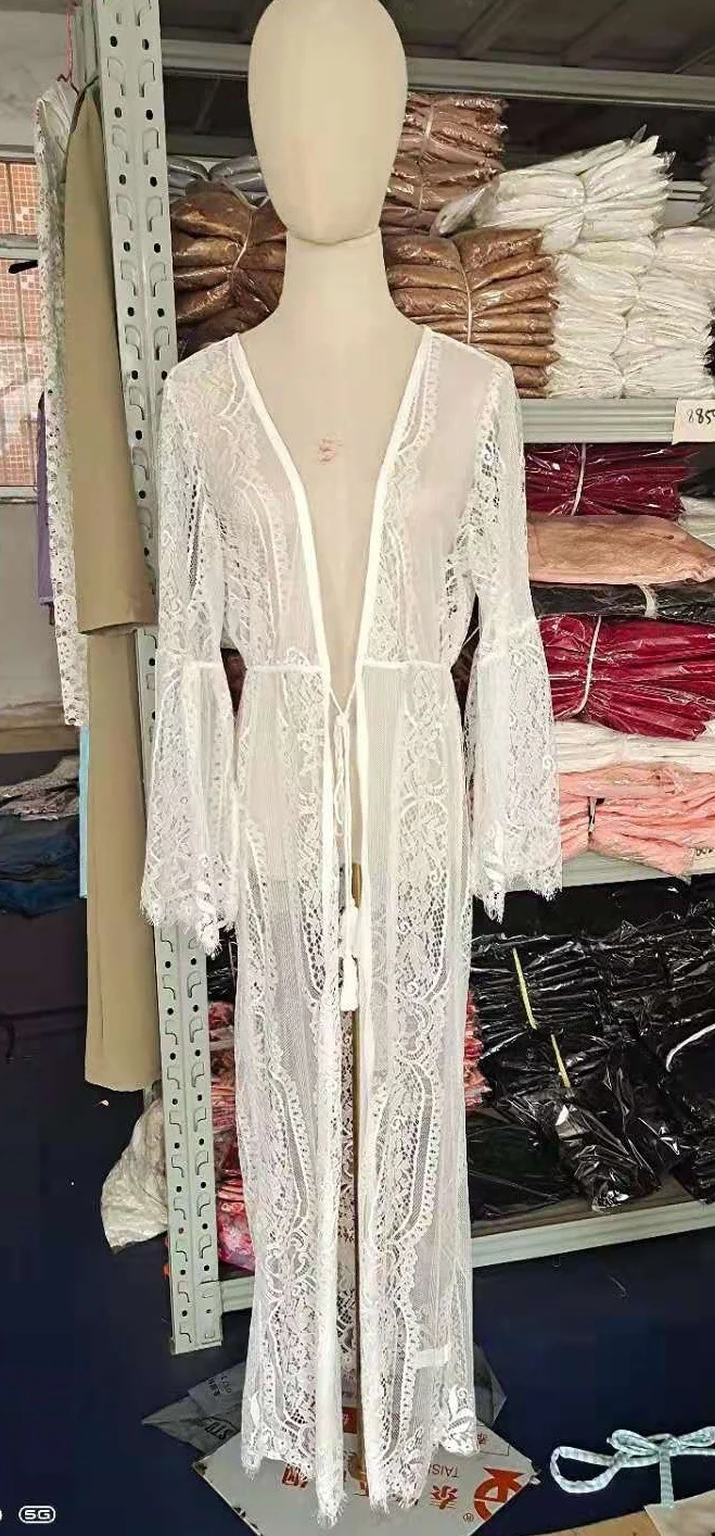 Uveng Uveng Women's New Lace Tied Rope Sexy Perspective Cardigan Bikini Beach Sunscreen Long Smock Sand