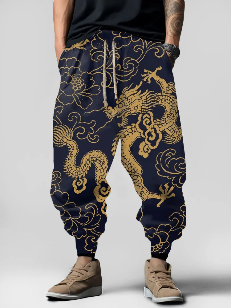 Men's Dragon Element Print Vintage Sweatpants