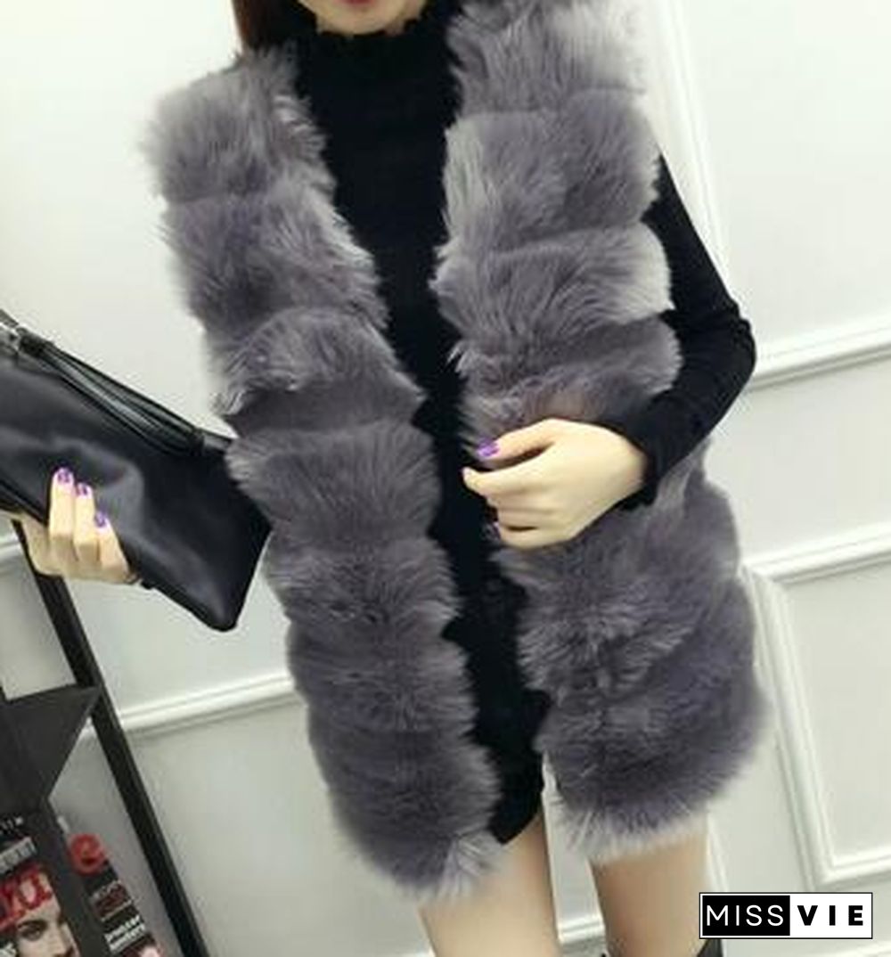 Autumn Winter Faux Fur Coat Women Thick Warm Fur Elegant Sleeveless Long Vest Woman Casual Slim Luxury Thick Warm Fur Jacket