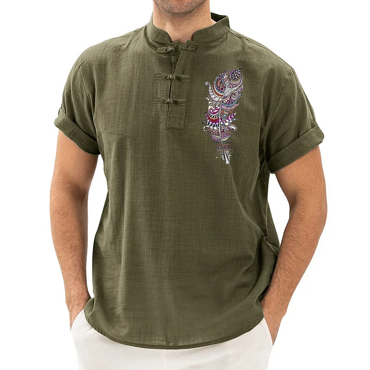 Men's logo embroidered cotton linen short sleeved shirt