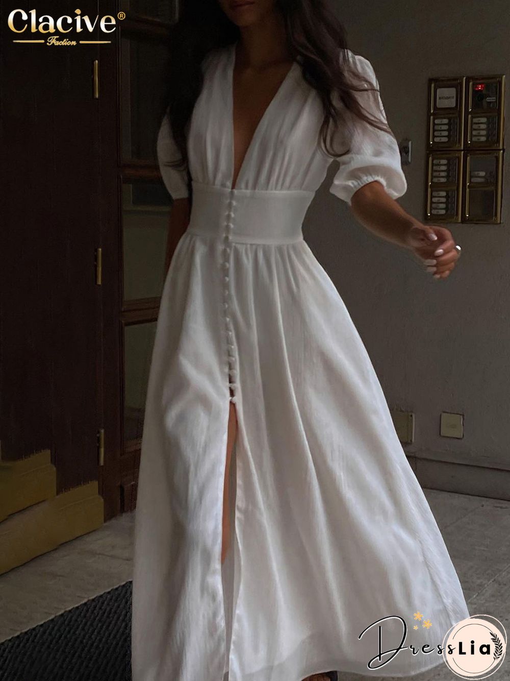 Clacive White Sexy Single-Breasted Women'S Dress Elegant Short Sleeve V-Neck Party Dresses Lady Casual Slim Midi Dress