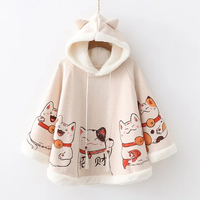 Japanese Harajuku Kawaii Lucky Cat Cloak Cute Hoodies Cape SP16527