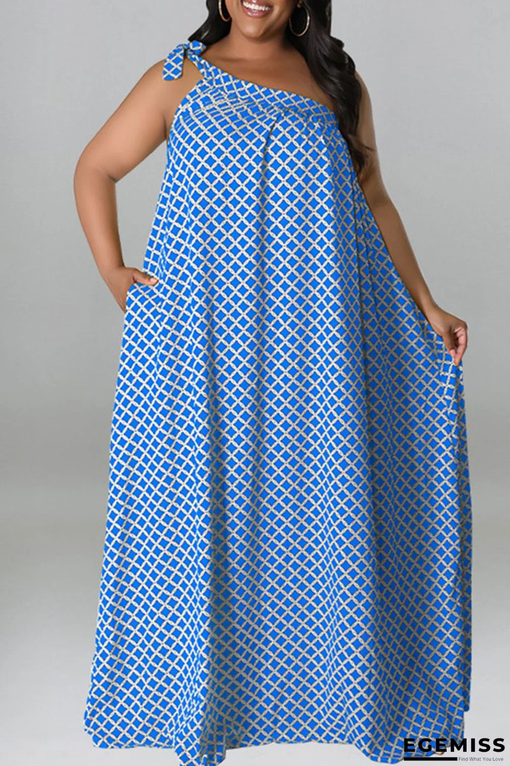 Blue Casual Print Polka Dot Bandage Patchwork Oblique Collar A Line Plus Size Dresses | EGEMISS