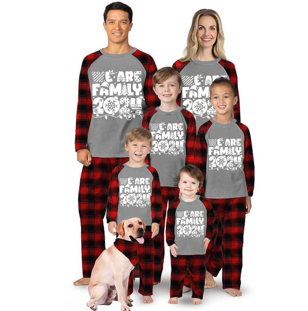 "We are Family 2024" White Letter Print Black & Red Plaid Family Matching Grey Pajamas With Dog bandana