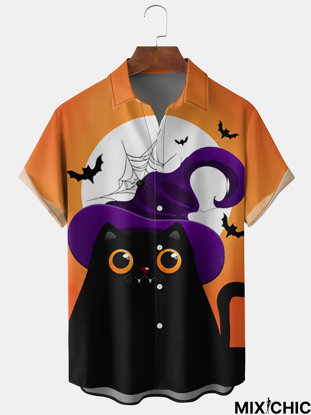 Men's Halloween Cat Graphic Print Short Sleeve Shirt