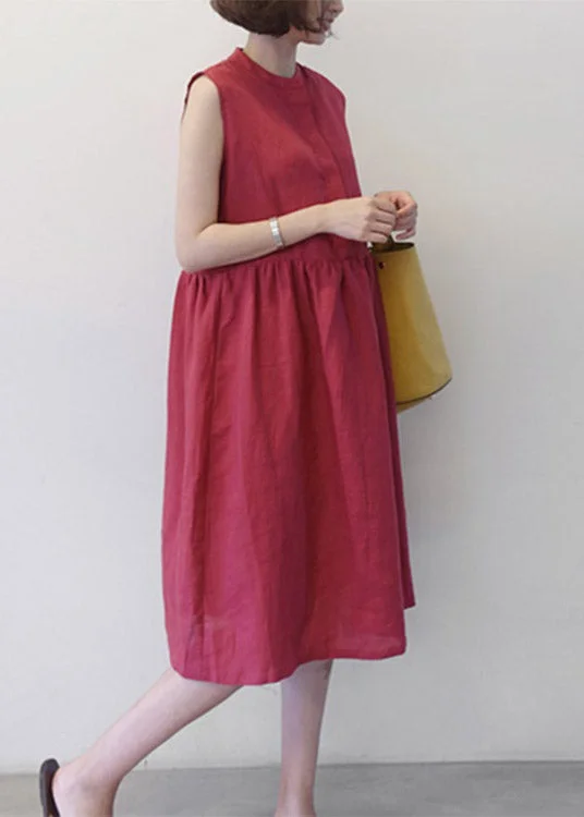 Chic Red O-Neck Patchwork Wrinkled Maxi Dresses Summer