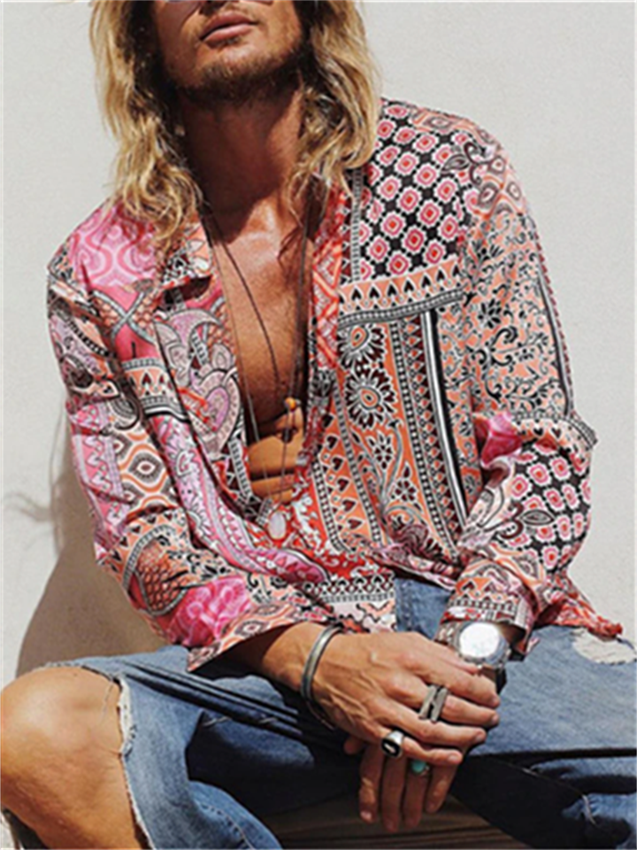 Men's Shirt Graphic Shirt Tribal Turndown Light Pink Outdoor Street Long Sleeve 3D Button-Down Clothing Apparel Fashion Designer Casual Breathable