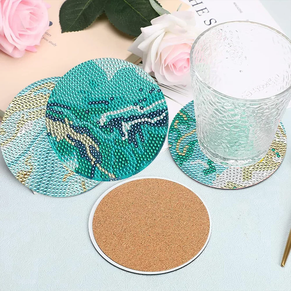 8pcs DIY Green Beach View Wooden Single Sided Diamond Painting Art Coasters Kits with Holder