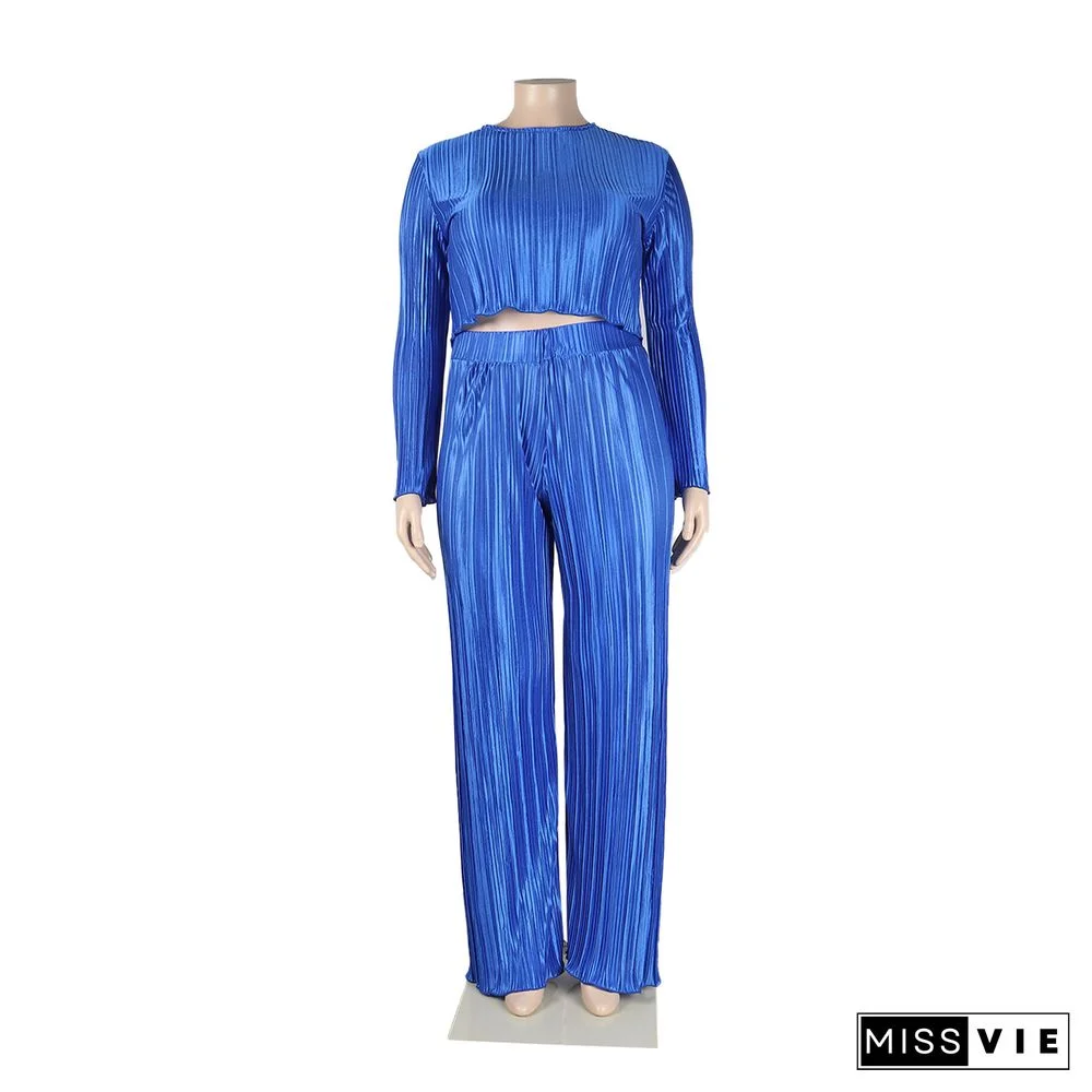 Pleated Loose Blouse Crop Top Wide Leg Pants Outfits