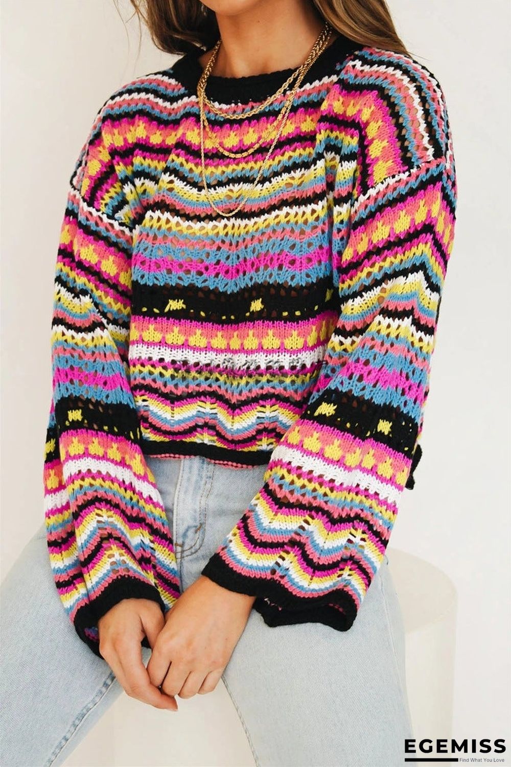 Autumn/Winter's New Stitched Loose-fitting Round-neck Striped Sweater | EGEMISS