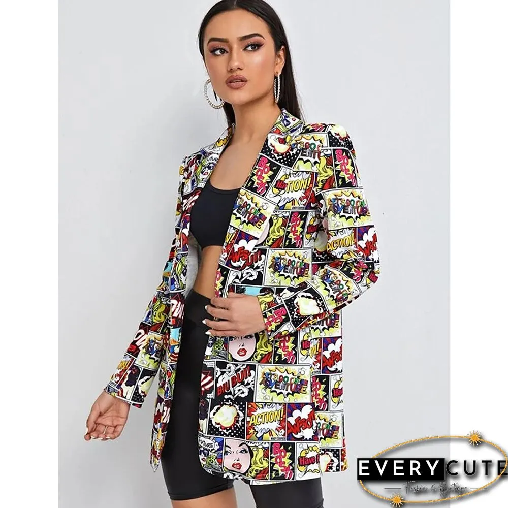 Multicolor Printed Single Button Cotton Blend Blazer