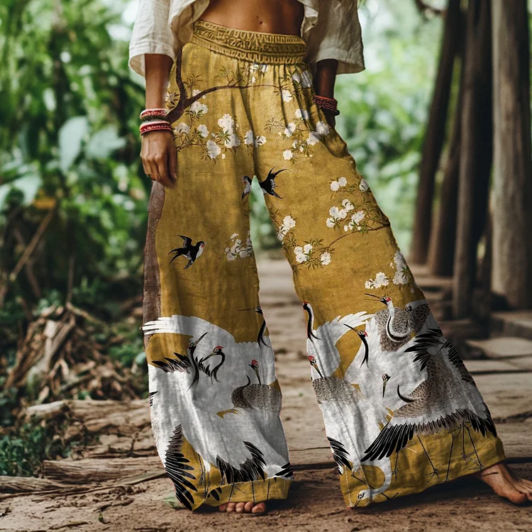 Vintage Floral Crane Art Print Loose Pants