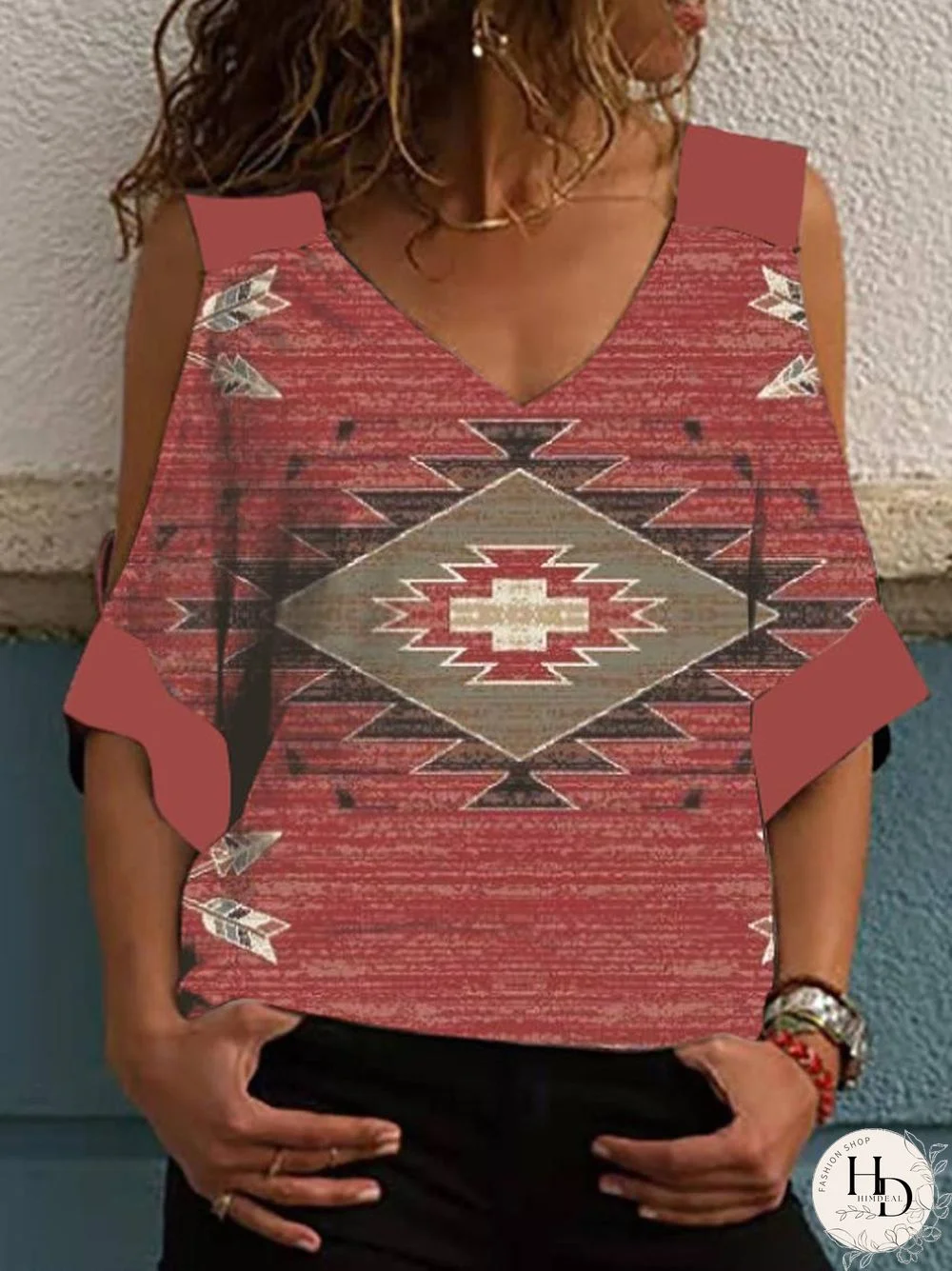 Oversized Off-the-shoulder Mid-sleeve Vintage-print T-shirt