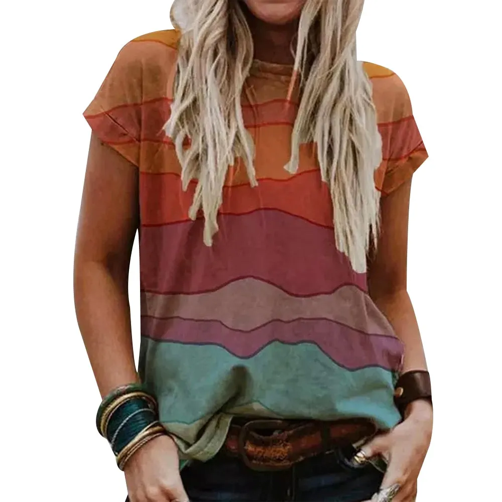 Women New Classic Style Print Summer T-shirt Retro Round Neck T-shirts Ladies Short Sleeve Loose Female Casual Tees 2021 D30