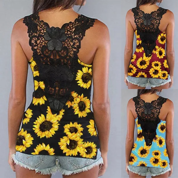 Women's Summer Sleeveless Sunflower Lace Splicing Open Back Tank Tops Casual Scoop Neck Shirt Tops Plus Size