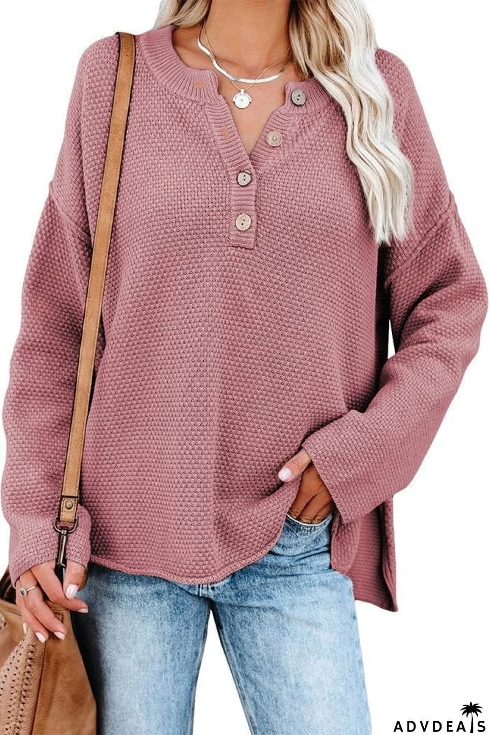 Buttoned Drop Shoulder Slit Sweater