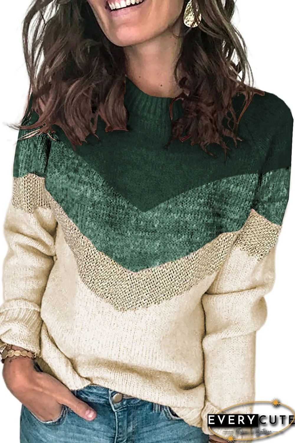 Green V Stripe Pattern Color Block Sweater