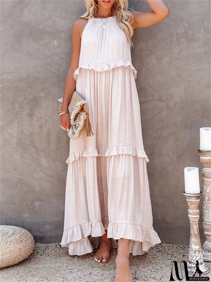 MidiSono - Romantic Ruffles Swing Sleeveless Halter Maxi Dress for Women