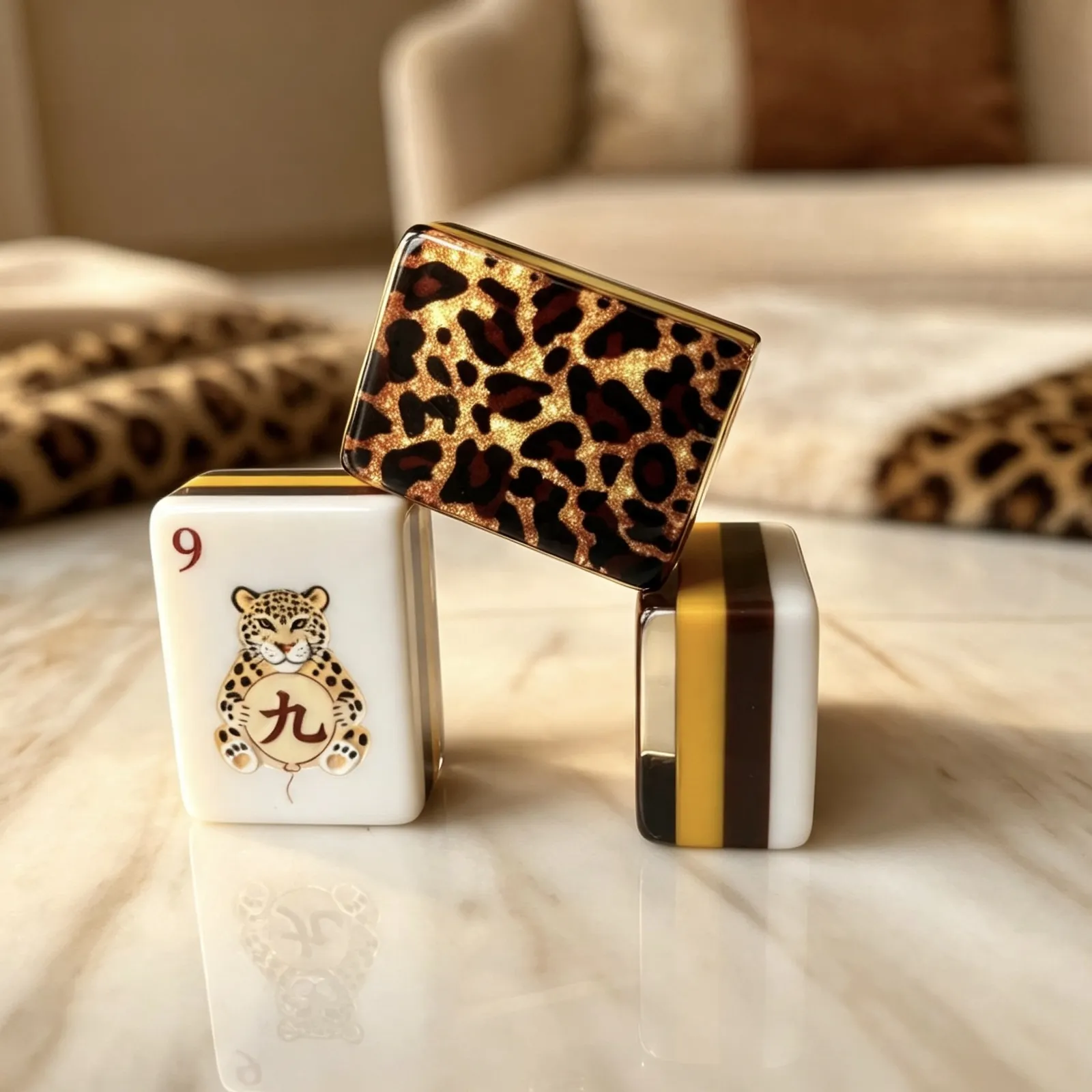 Leopard Family American Mahjong set with custom tile faces, opaque leopard-print backs, and four-layer edges.