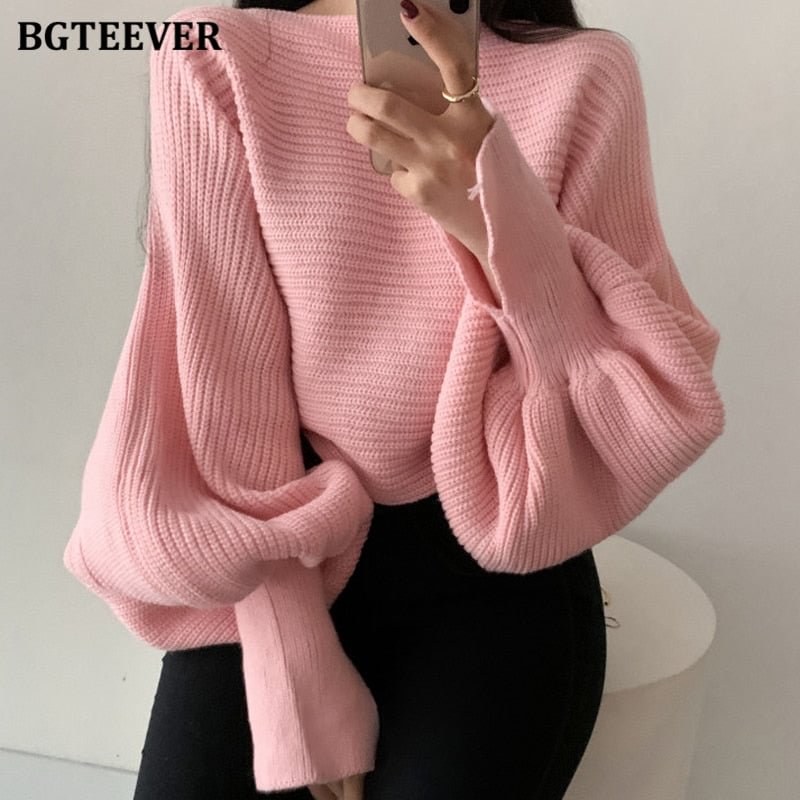 BGTEEVER 2020 New Autumn Winter Patchwork Short Sweaters Casual O-neck Lantern Sleeve Loose Warm Female Knitted Tops Jumpers
