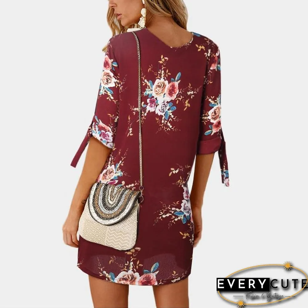 Women Chiffon Floral Print Mini Dress Boho Beach Half Sleeve Elegant Dress Black Dresses