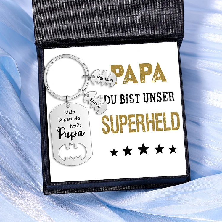 Kettenmachen Personalisierbare 2 Namen Unser Superheld heißt Papa Batman Schlüsselanhänger-Geschenk mit Nachrichtenkarte