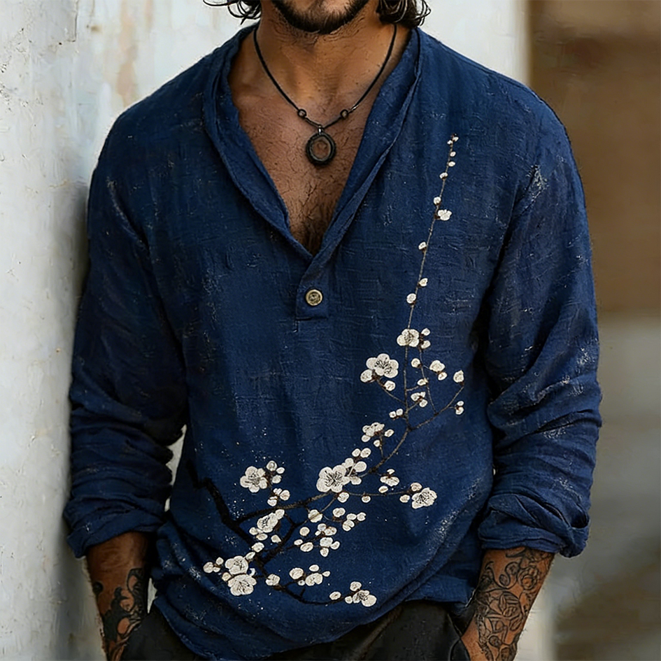 Japanese Art Retro Style Plum Blossom Pattern Men's Shirt  artssus