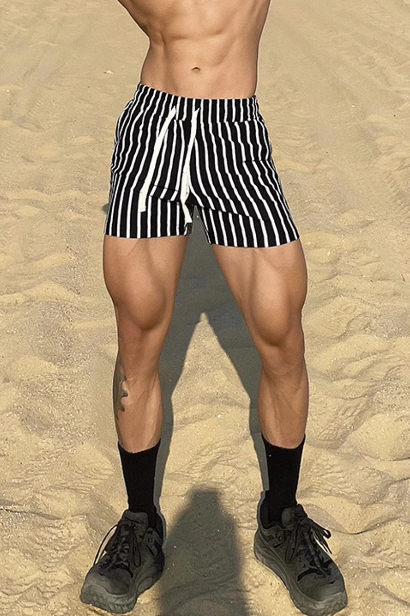 Stripe Print Black And White Casual Slim-Fit Shorts [Pre-Order]