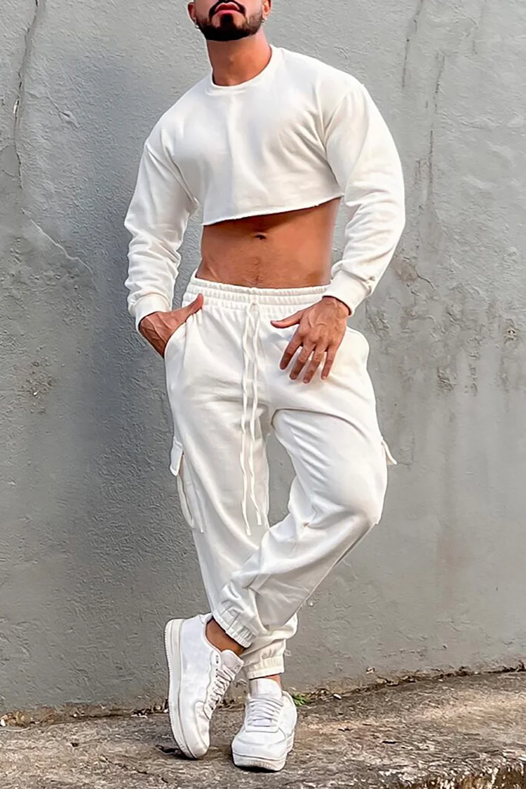 Casual White Crop Top Cargo Pants With Pockets Two Piece Set