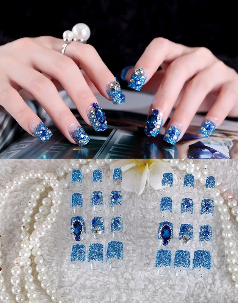 24Pcs/Set Fake Nails Press on Girls Finger Beauty False Nail Art Tips Bright Shining 3D Diamond Full Cover French Nail Art Tips-Nail Inspo