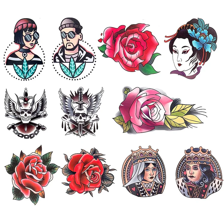 Waterproof 9 Sheets Back of Hand Scar Cover Fake Temporary Tattoo Stickers - Colorful Red Rose Flower Skull Poker Card King Queen