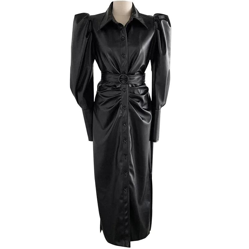 Huiketi Autumn Long Soft Black Faux Leather Shirt Dress Belt Puff Long Sleeve Buttons Elegant Luxury Stylish Dresses for Women 1007